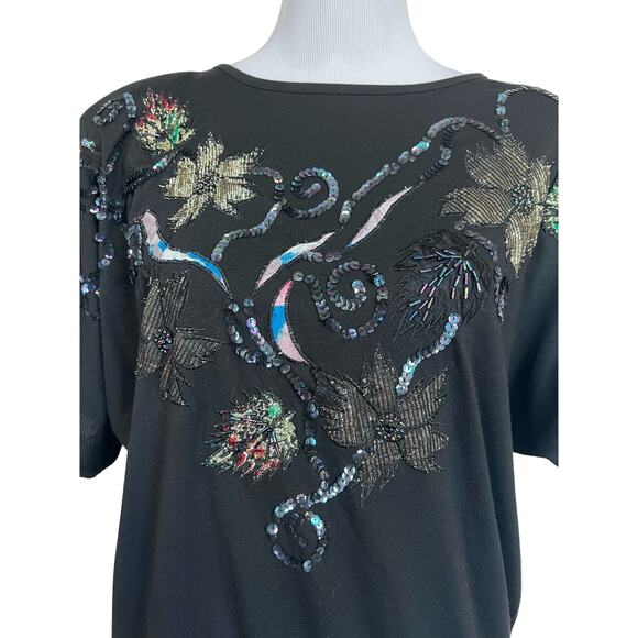 Vintage 80s 90s Women’s Top Embellished Seauin Beads Shoulder Pads Uno Una Sz L - Picture 2 of 9